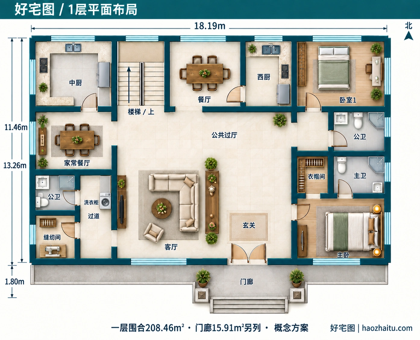 18.19米开间二层欧式自建房,7卧5卫独立方案 / 1层平面布局