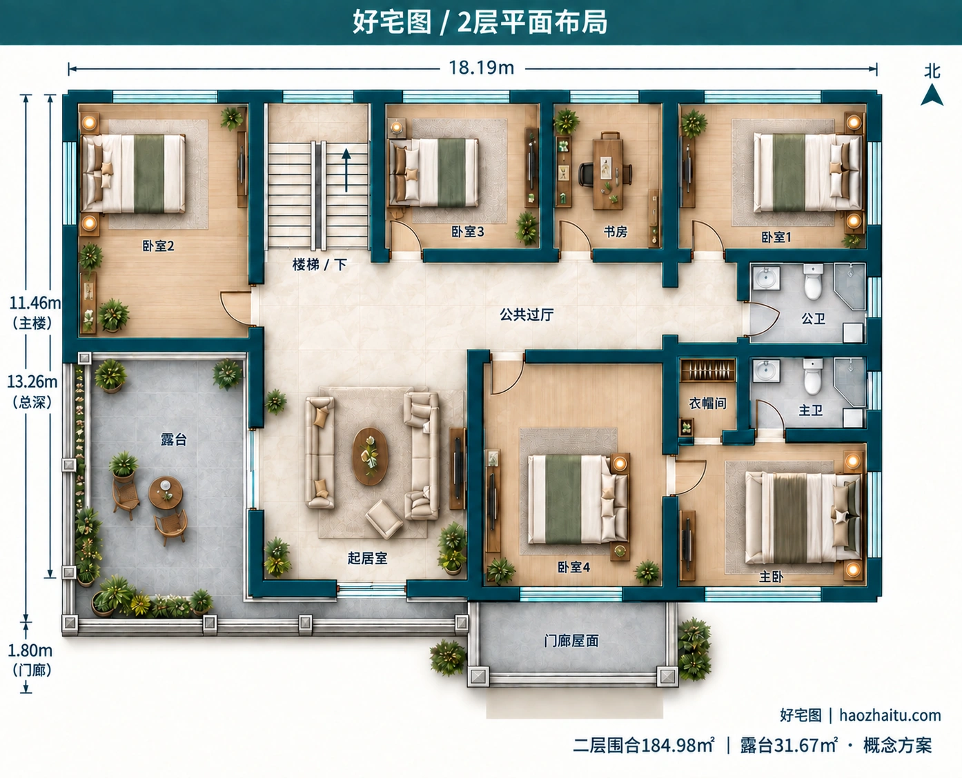 18.19米开间二层欧式自建房,7卧5卫独立方案 / 2层平面布局