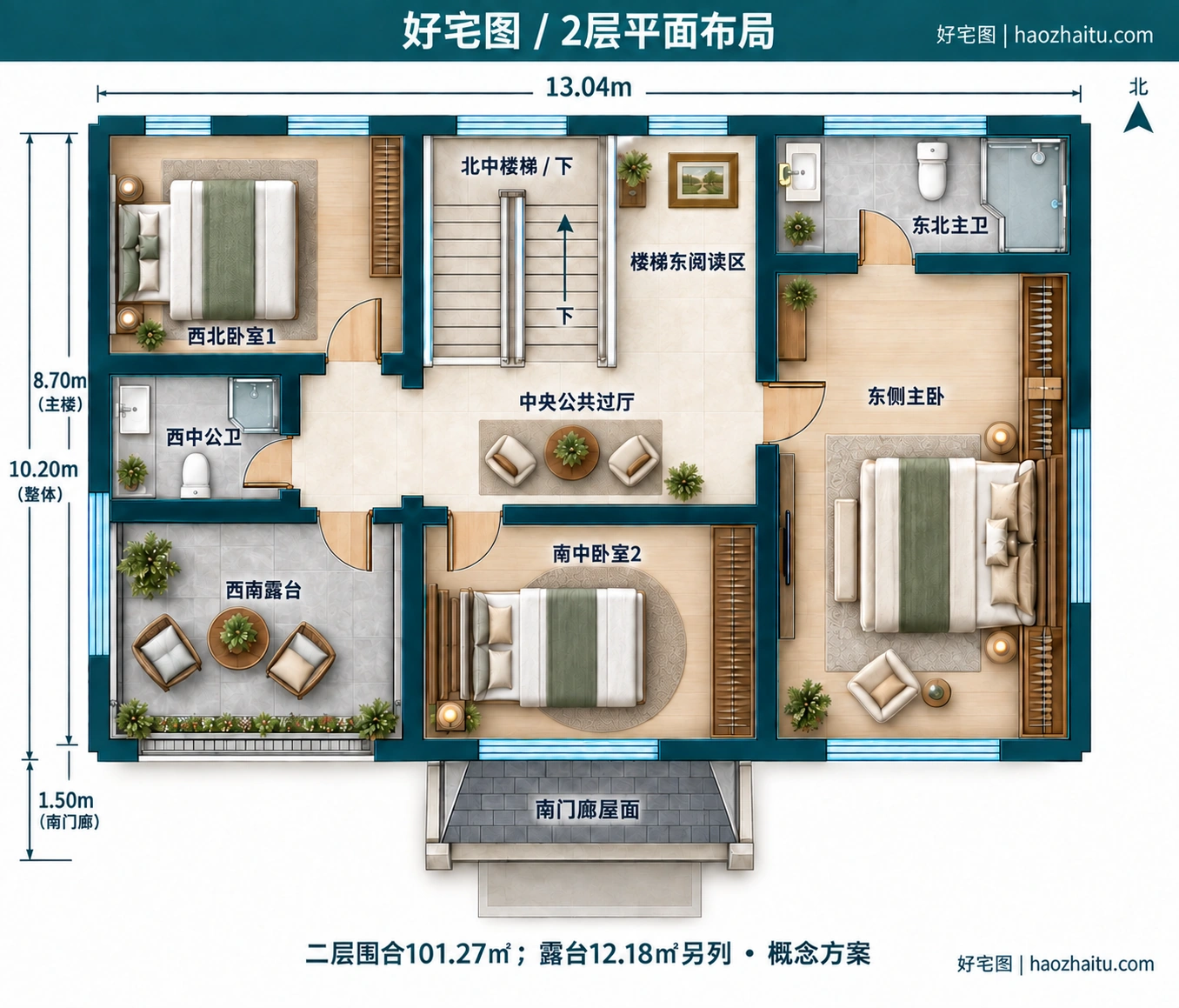 13.04米开间二层美式自建房,4卧4卫独立方案 / 2层平面布局