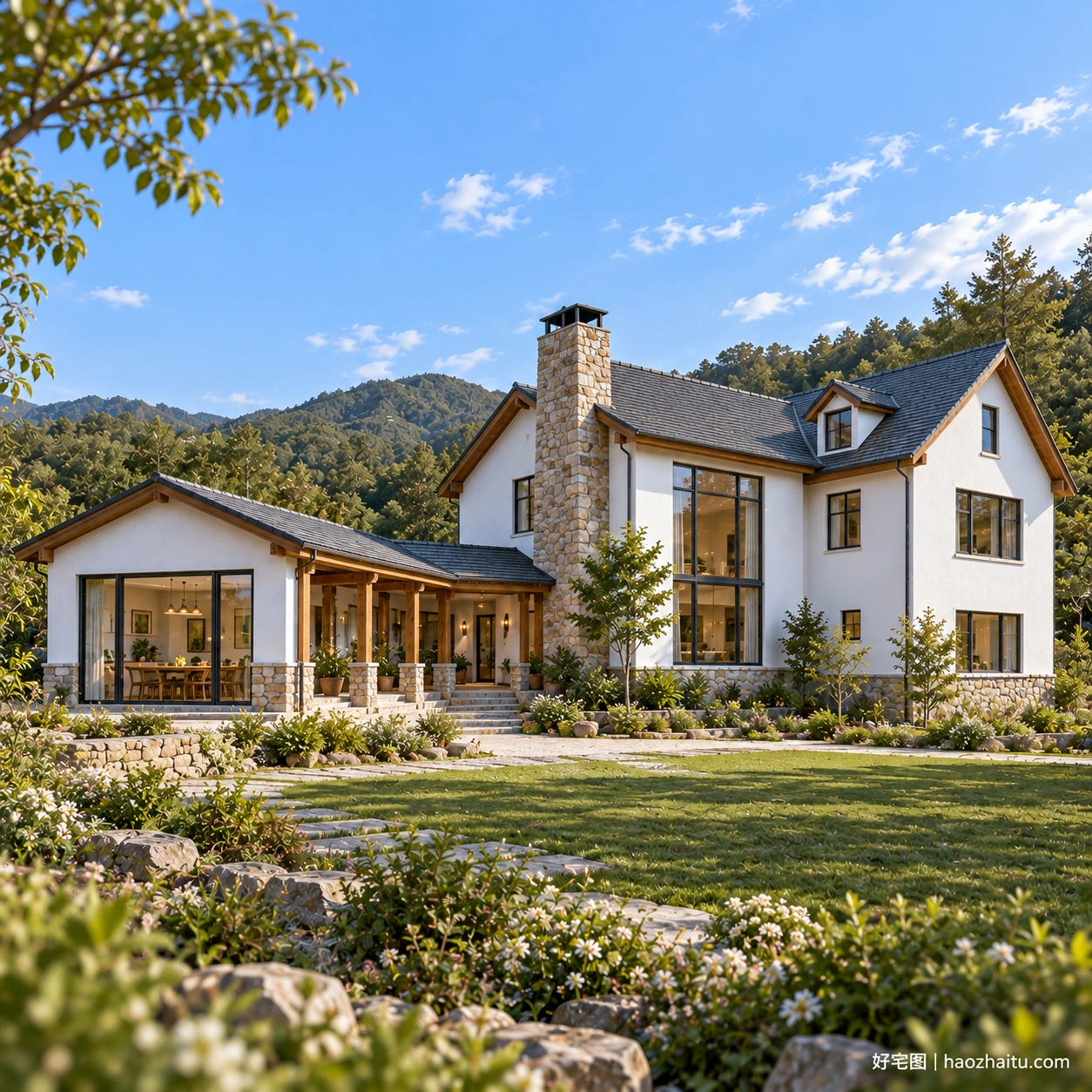 19.6米开间二层山地乡村住宅,4卧3卫带独立餐厨翼和挑空客厅