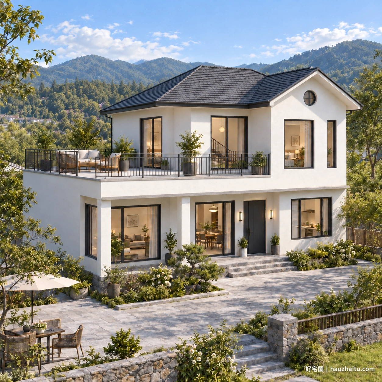 11.4米开间二层白墙乡村住宅,4卧2卫带L形露台-好宅图纸网