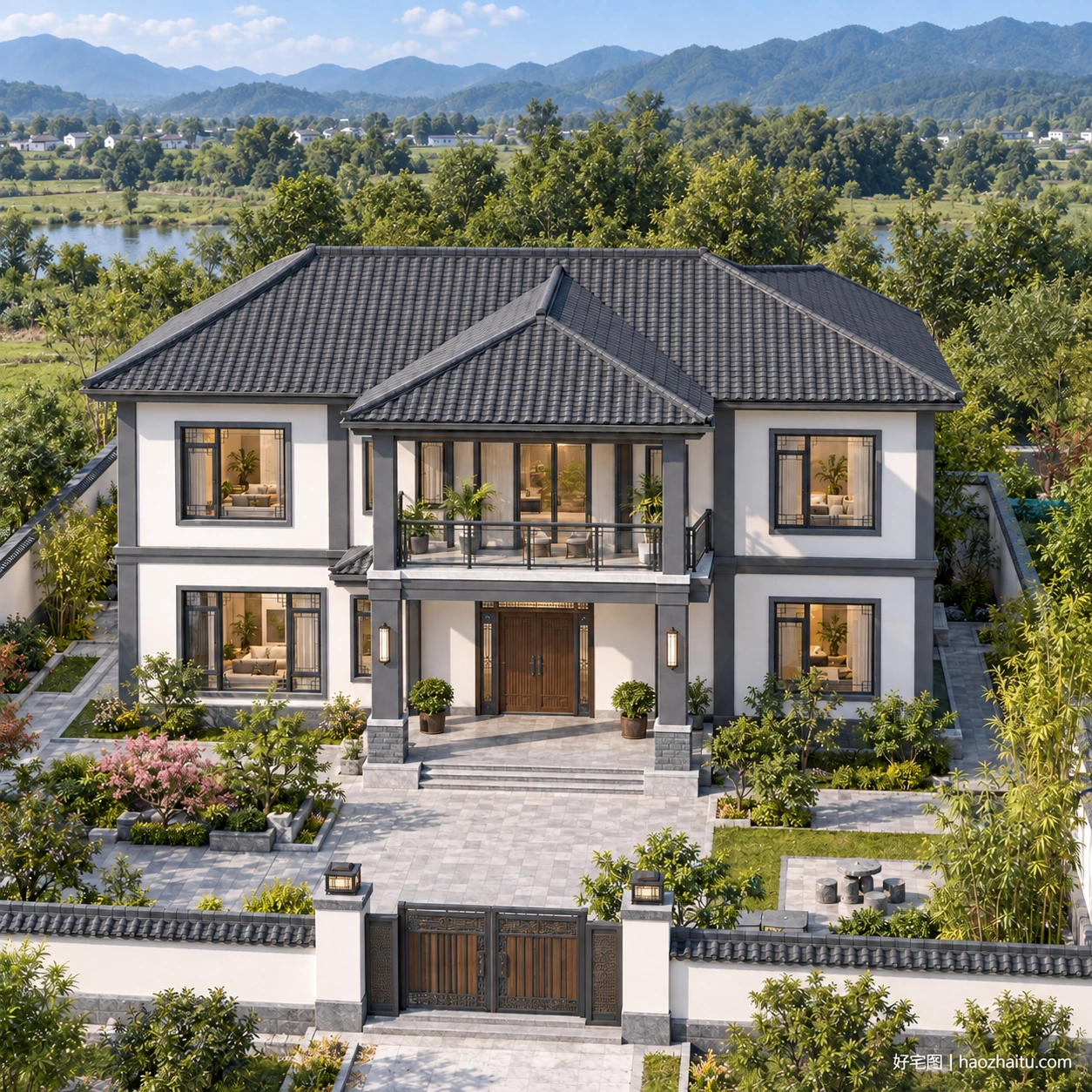 14.2米开间二层新中式住宅,7卧5卫带后厨餐和柴火房-好宅图纸网