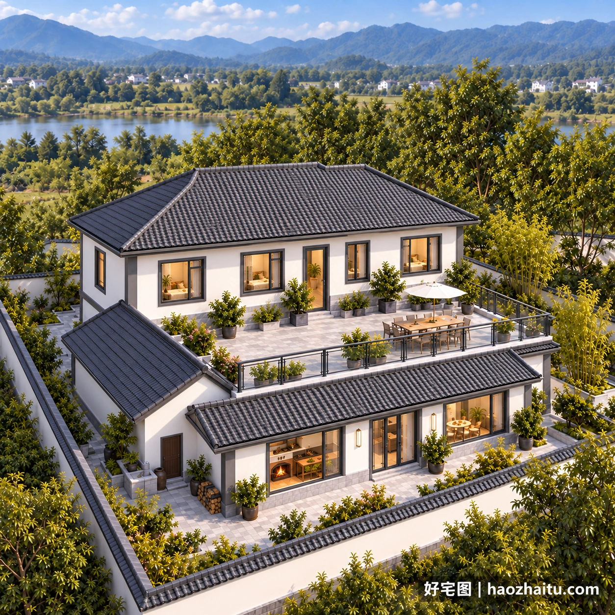 14.2米开间二层新中式住宅,7卧5卫带后厨餐和柴火房