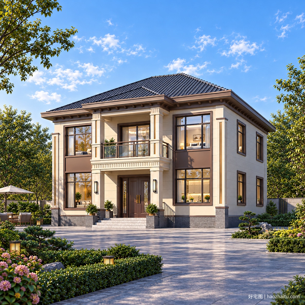 12.46米开间二层新中式自建房,四卧两卫带公共阳台-好宅图纸网