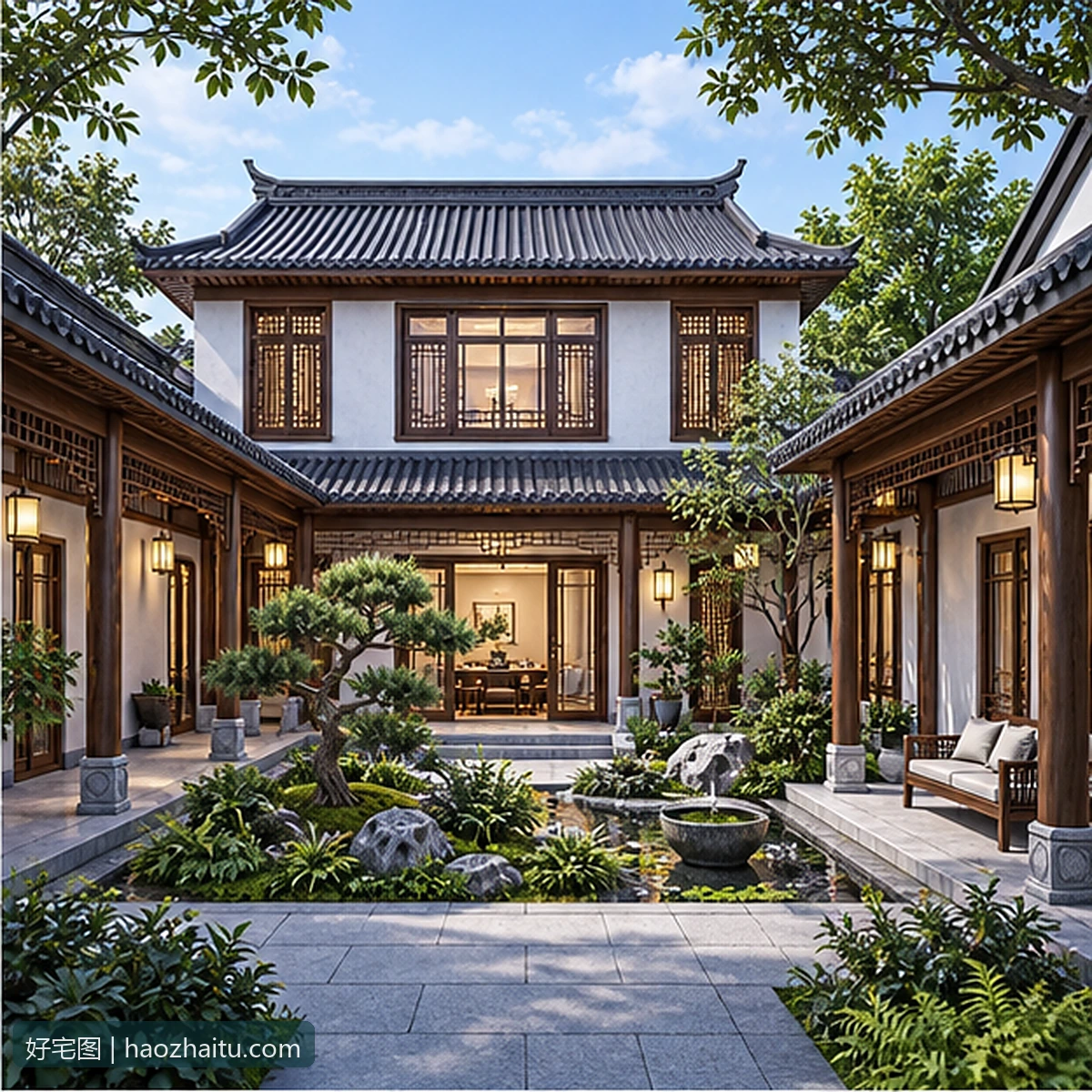 21.90米开间二层中式自建房,6卧9卫独立方案 / 原有外观风格效果图