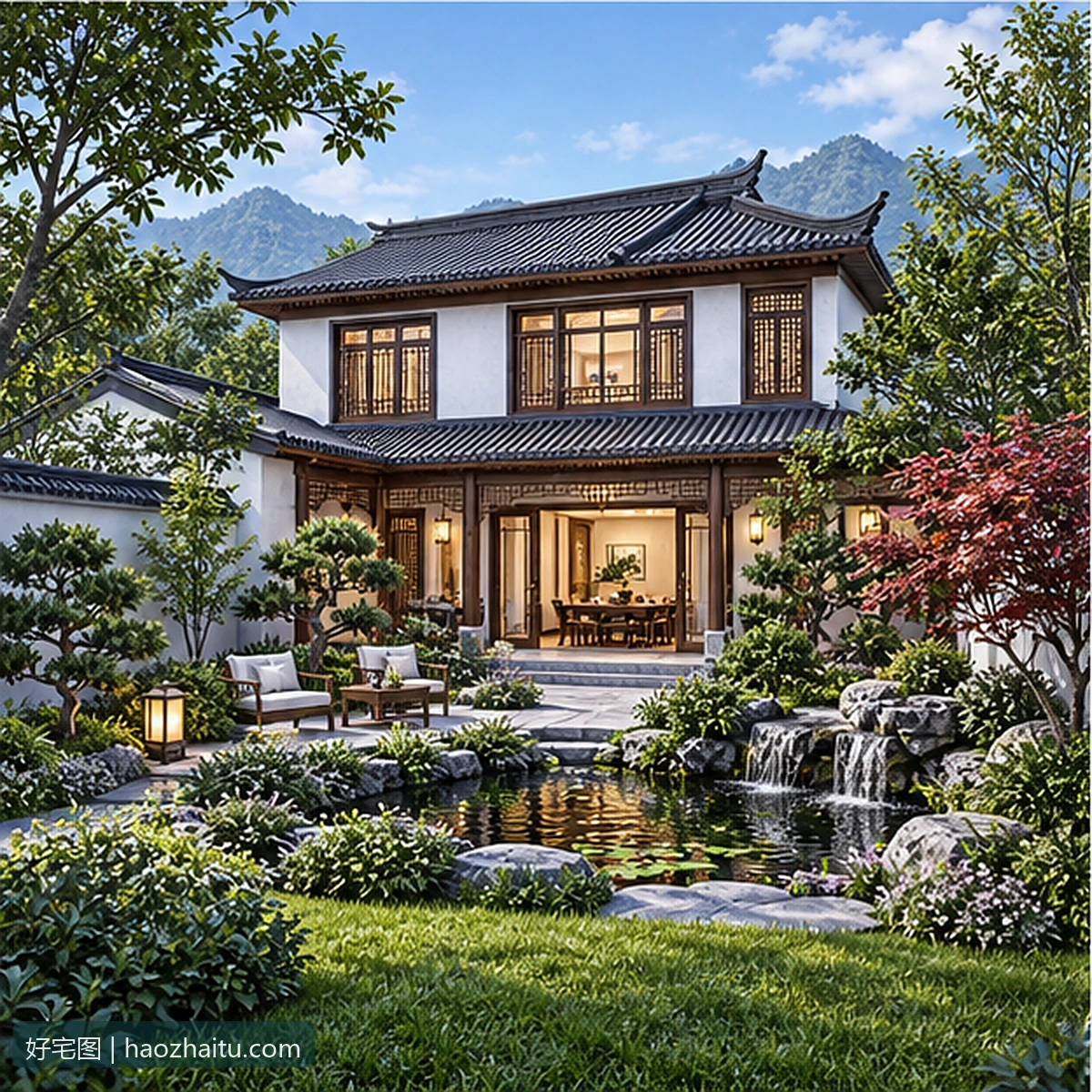 21.90米开间二层中式自建房,6卧9卫独立方案 / 原有外观风格效果图
