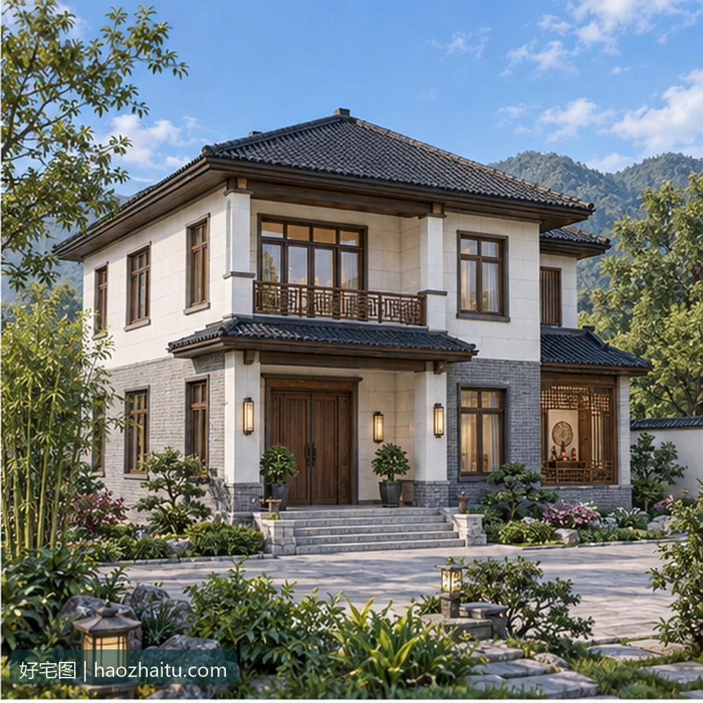 12.60米开间二层新中式自建房,6卧4卫独立方案 / 原有外观风格效果图