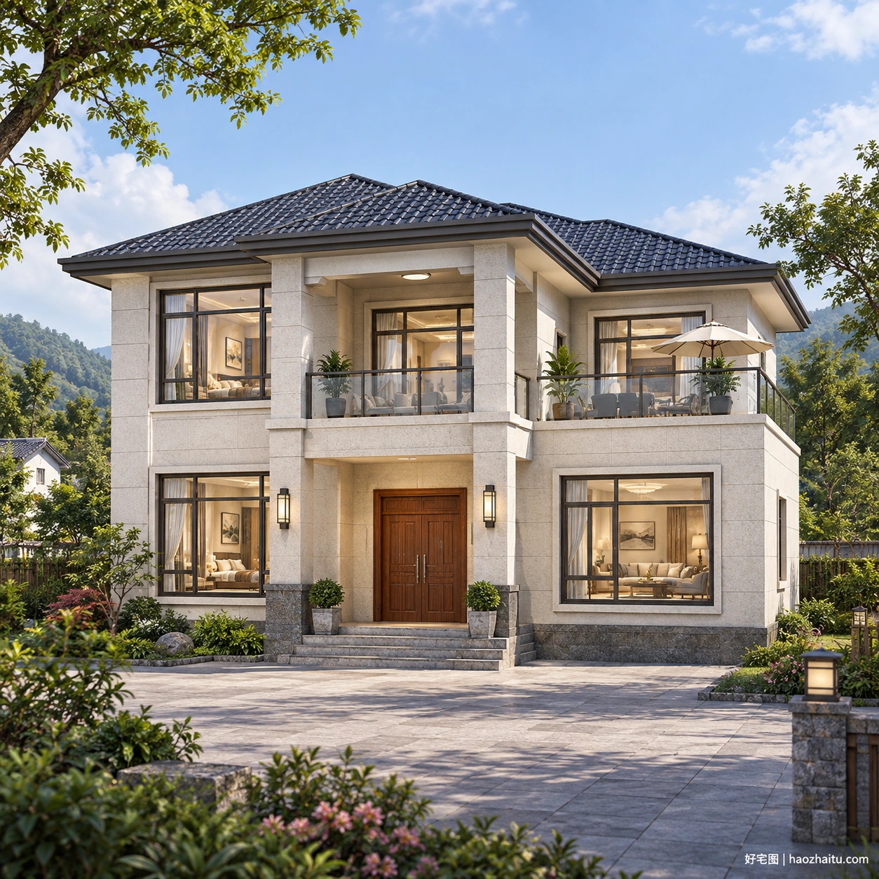 12.8米开间二层现代坡屋顶住宅,5卧2卫带家庭厅与东露台-好宅图纸网