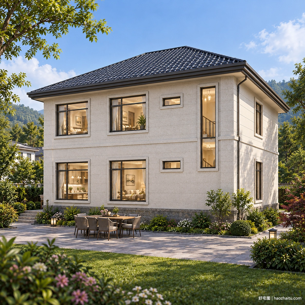 12.8米开间二层现代坡屋顶住宅,5卧2卫带家庭厅与东露台
