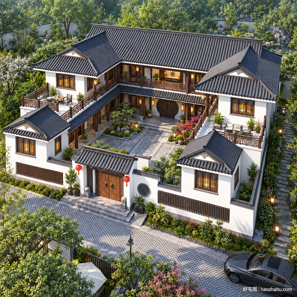 21.3米开间二层合院住宅,8卧8卫带双楼梯与两处餐厨-好宅图纸网