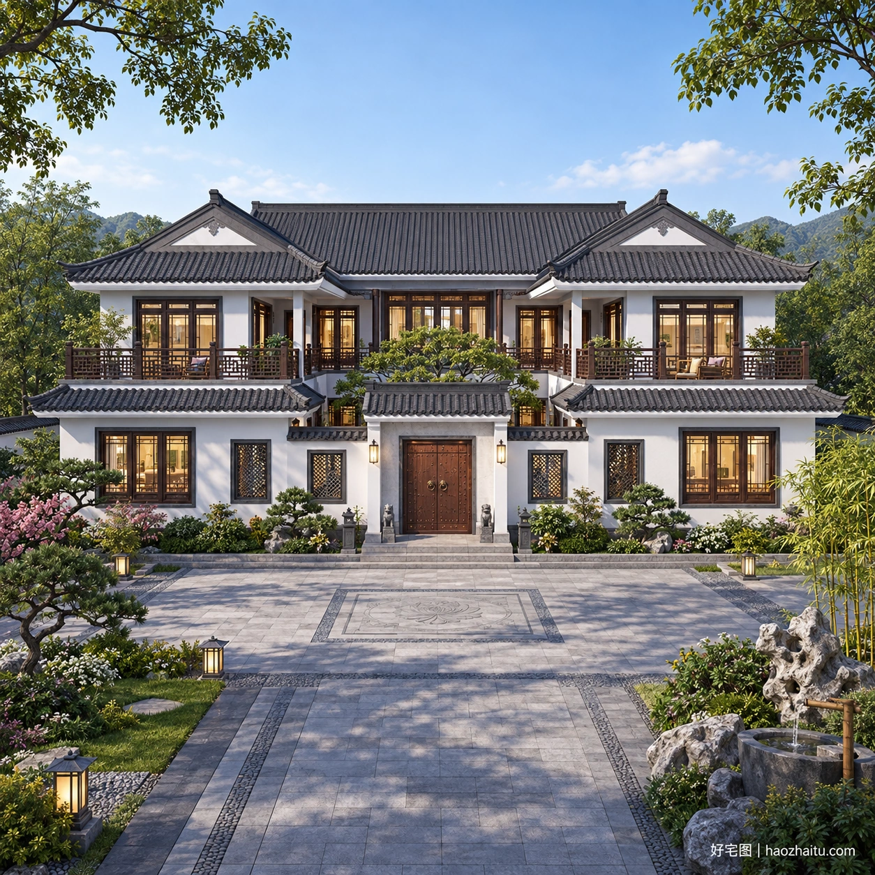 20米开间二层内庭院住宅,12卧4卫带东西露台-好宅图纸网
