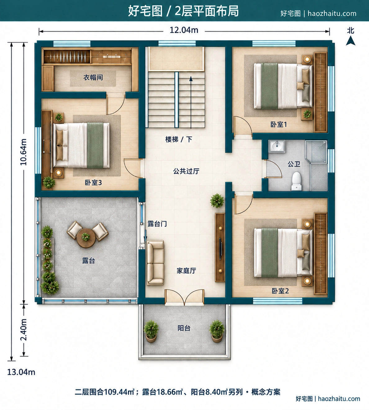12.04米开间二层欧式自建房,5卧2卫独立方案 / 2层平面布局
