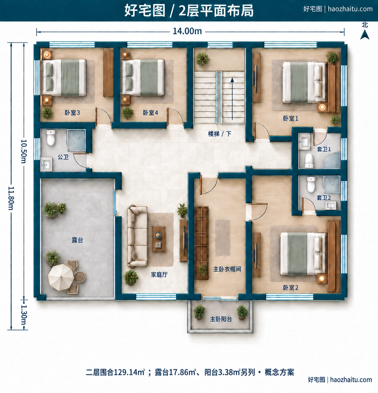 14.00米开间二层新中式自建房,6卧6卫独立方案 / 2层平面布局