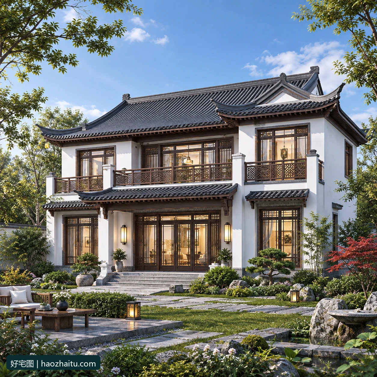 14.94米开间二层新中式自建房，5卧3卫独立方案-好宅图纸网
