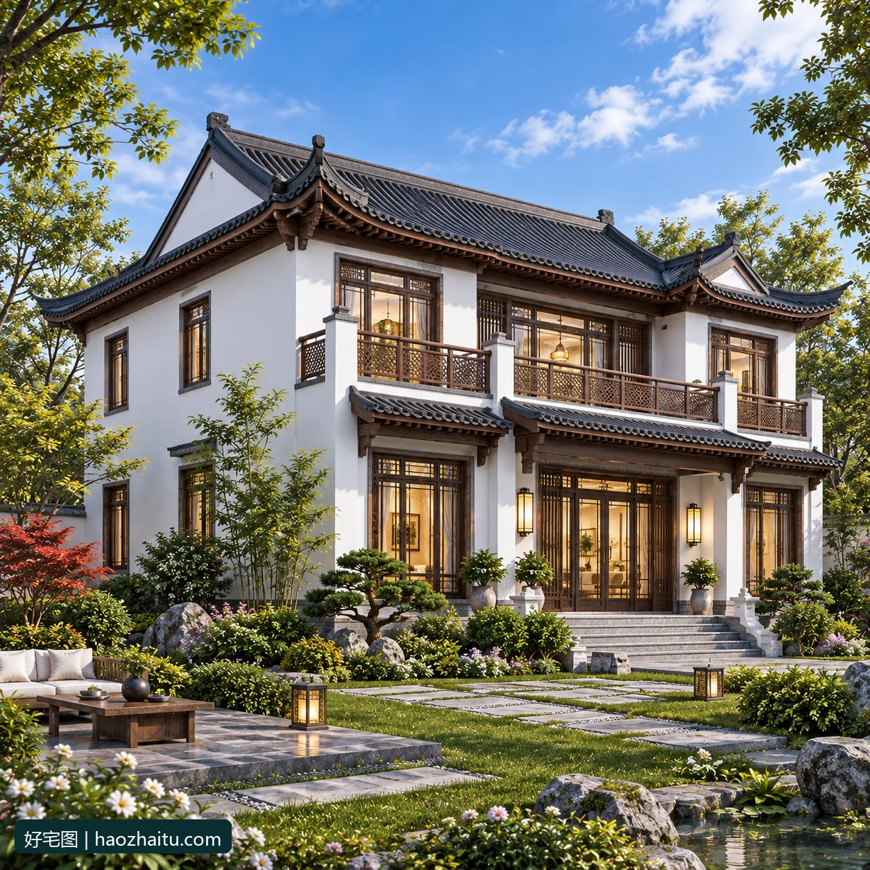 14.94米开间二层新中式自建房,5卧3卫独立方案 / 外观风格效果图