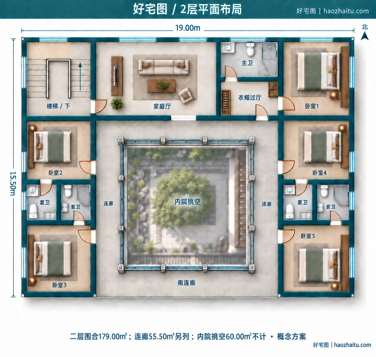 19.00米开间二层中式合院自建房,6卧7卫独立方案 / 2层平面布局