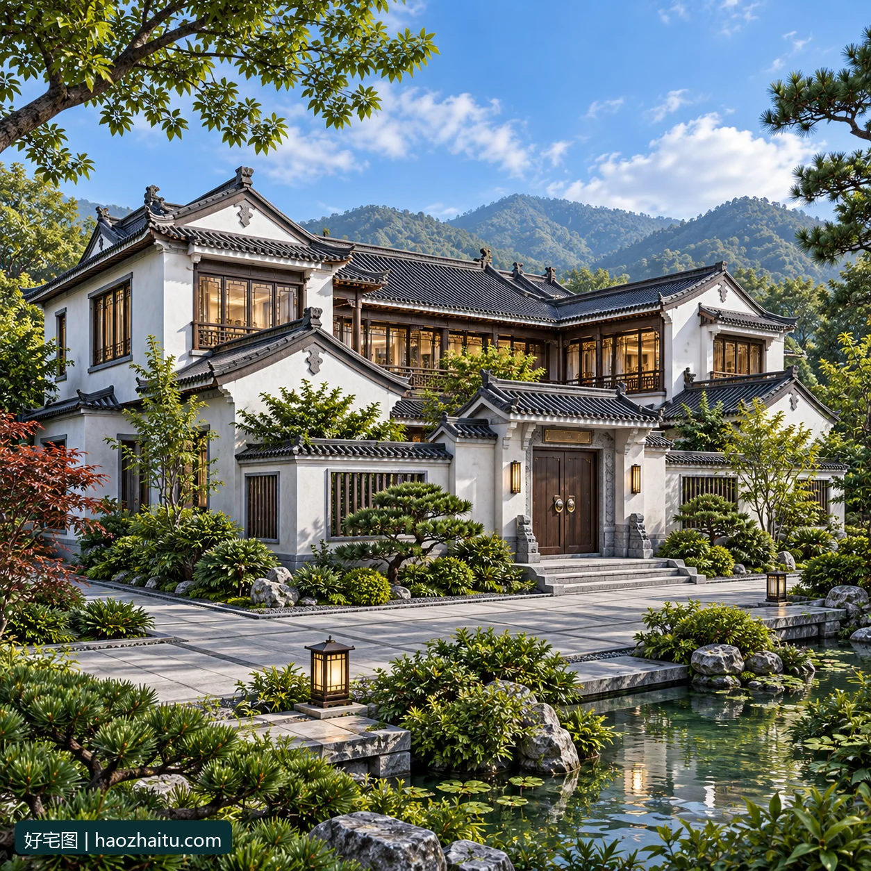 21.55米开间二层中式合院自建房,7卧6卫独立方案 / 外观风格效果图
