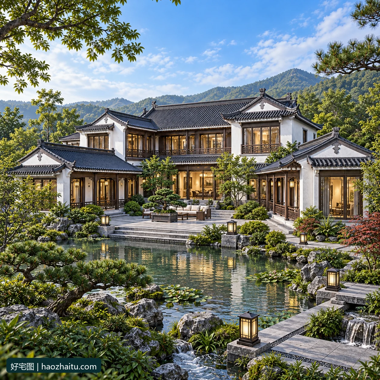 21.55米开间二层中式合院自建房,7卧6卫独立方案 / 外观风格效果图
