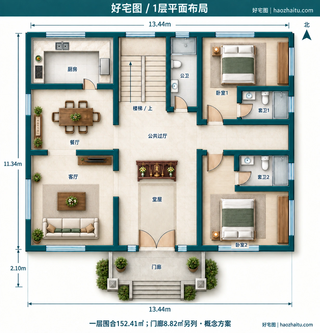 13.44米开间二层欧式自建房,5卧6卫独立方案 / 1层平面布局