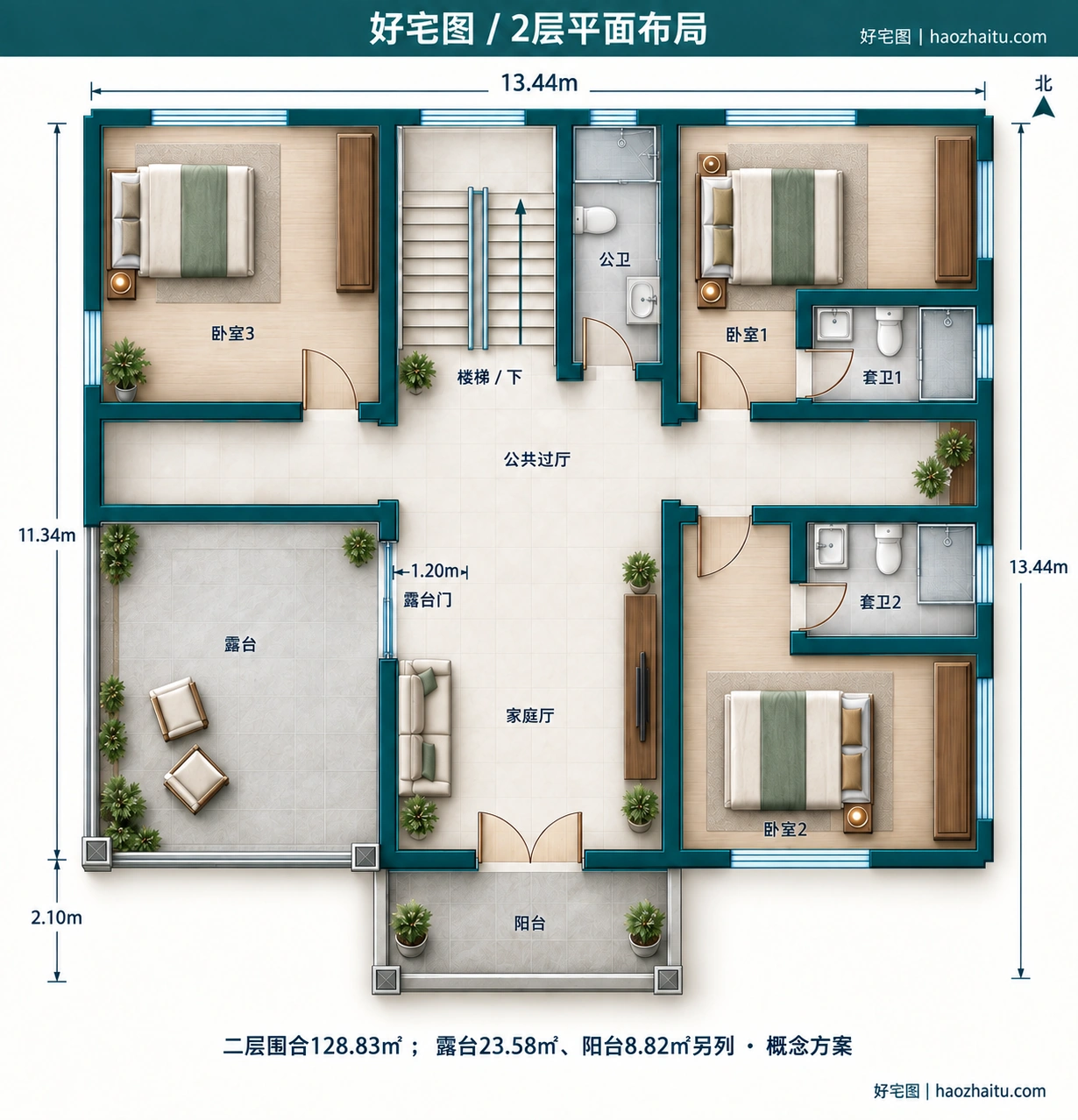 13.44米开间二层欧式自建房,5卧6卫独立方案 / 2层平面布局