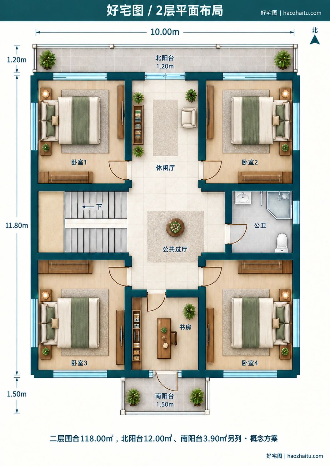 10.00米开间二层简欧自建房,5卧2卫独立方案 / 2层平面布局