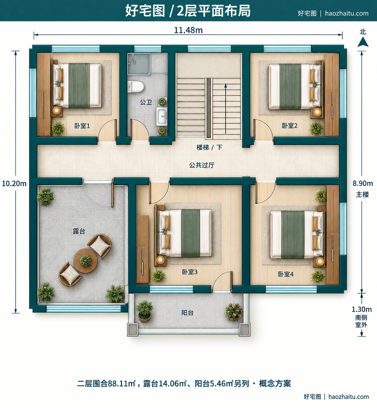 11.48米开间二层欧式自建房,5卧2卫独立方案 / 2层平面布局