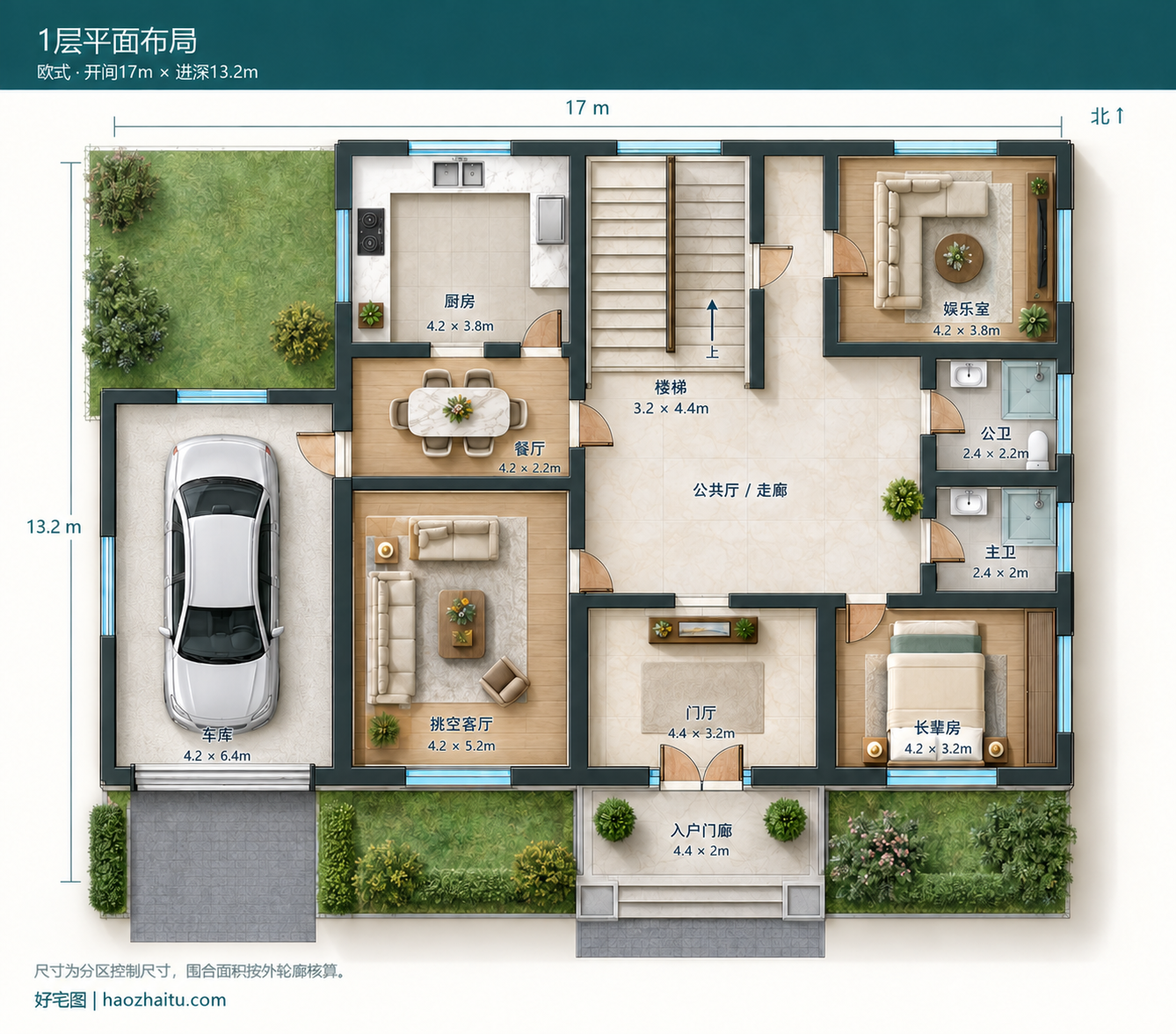 1层平面布局|17米开间二层欧式自建房,四卧四卫带车库与挑空客厅