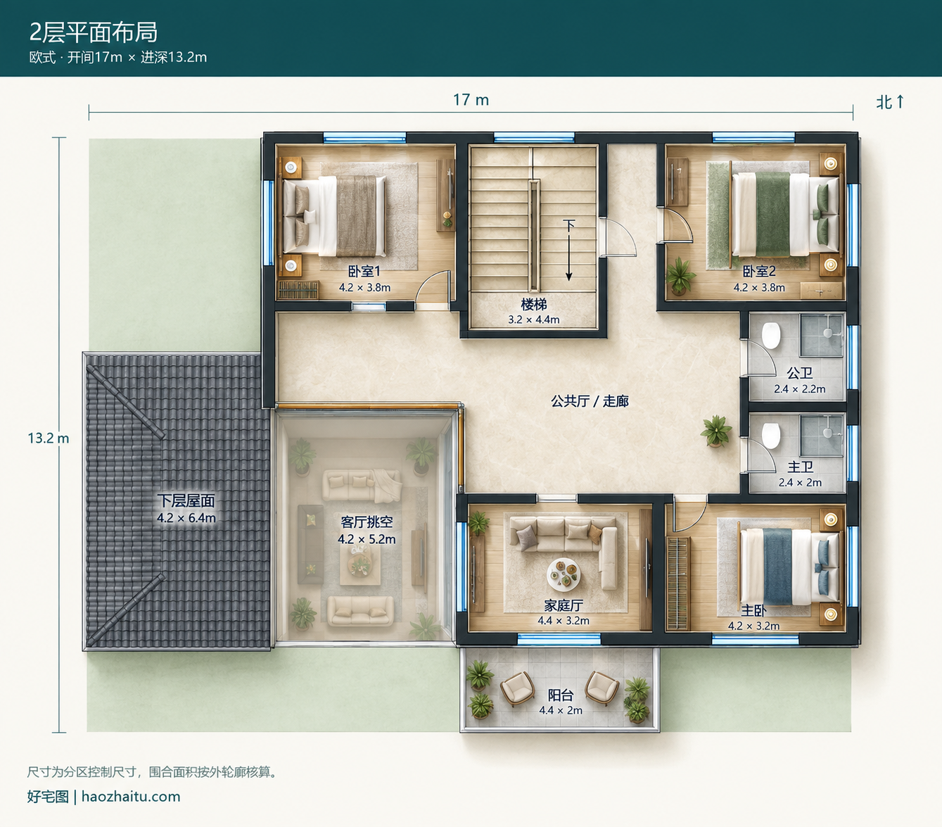 2层平面布局|17米开间二层欧式自建房,四卧四卫带车库与挑空客厅