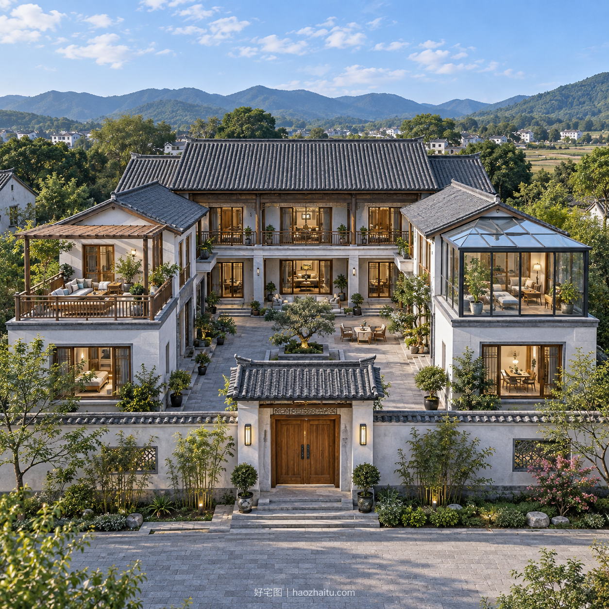 18米开间二层中式自建房,九卧五卫带阳光房和内院-好宅图纸网