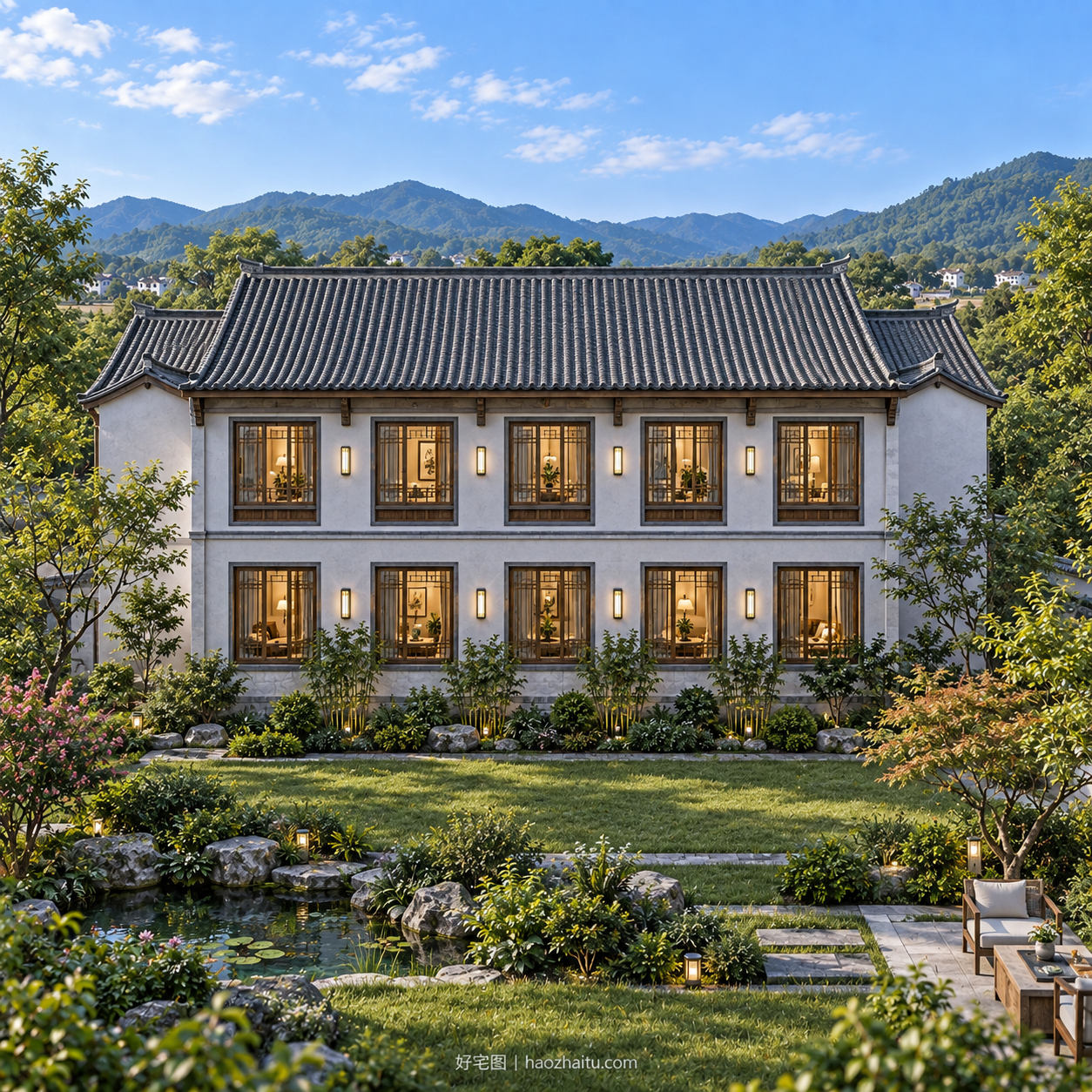 背面外观|18米开间二层中式自建房,九卧五卫带阳光房和内院