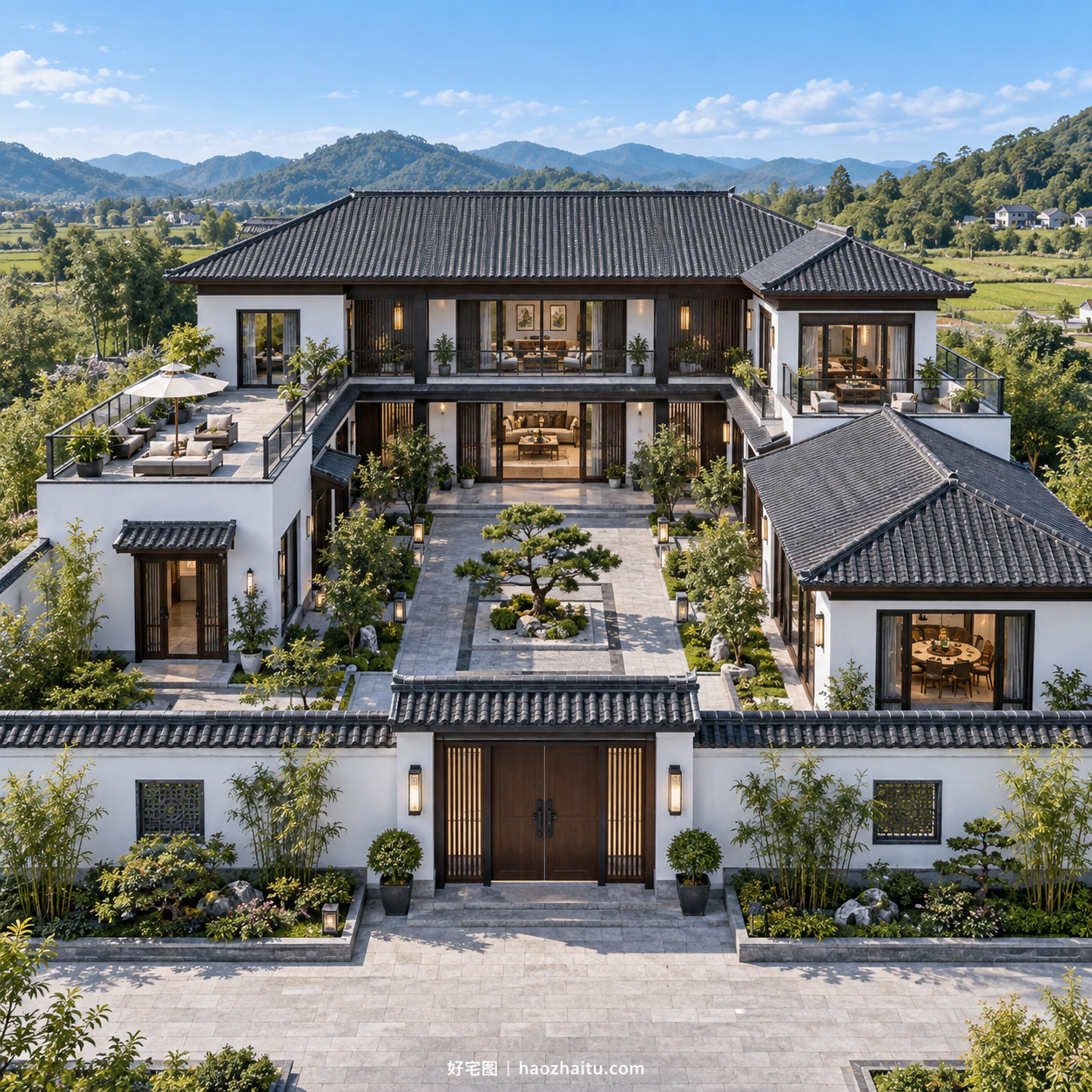 20.8米开间二层新中式自建房,七卧六卫带内院、双露台和双厨房-好宅图纸网