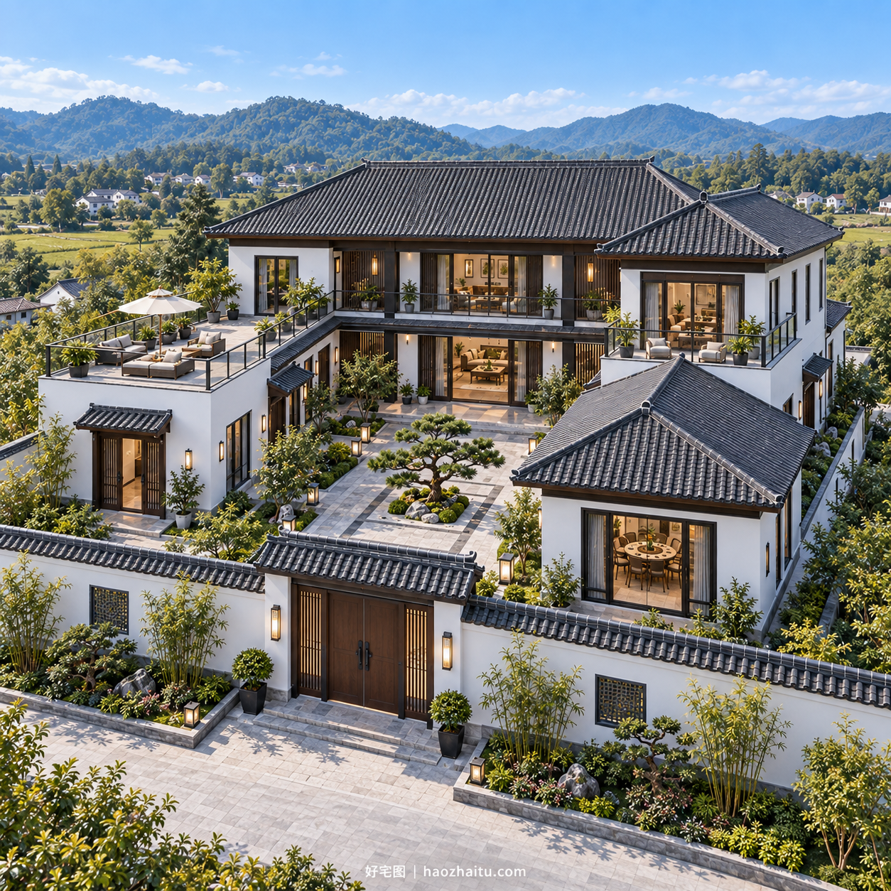 侧面外观|20.8米开间二层新中式自建房,七卧六卫带内院、双露台和双厨房