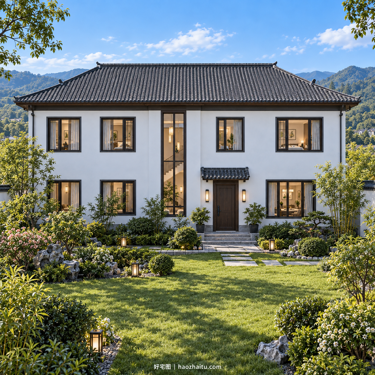 背面外观|20.8米开间二层新中式自建房,七卧六卫带内院、双露台和双厨房