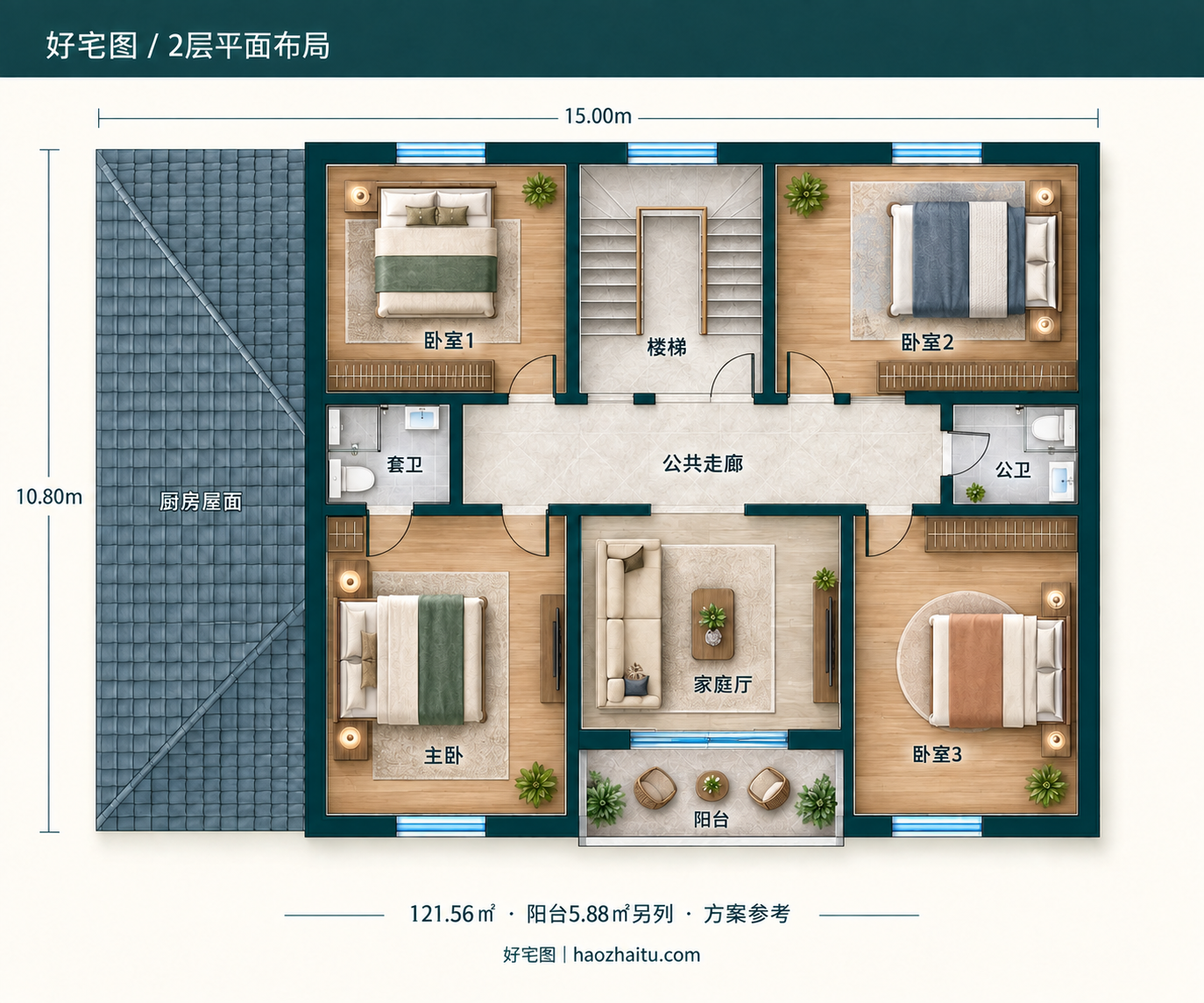 2层平面布局|15米开间二层新中式自建房,七卧三卫带独立厨房侧翼和阳台