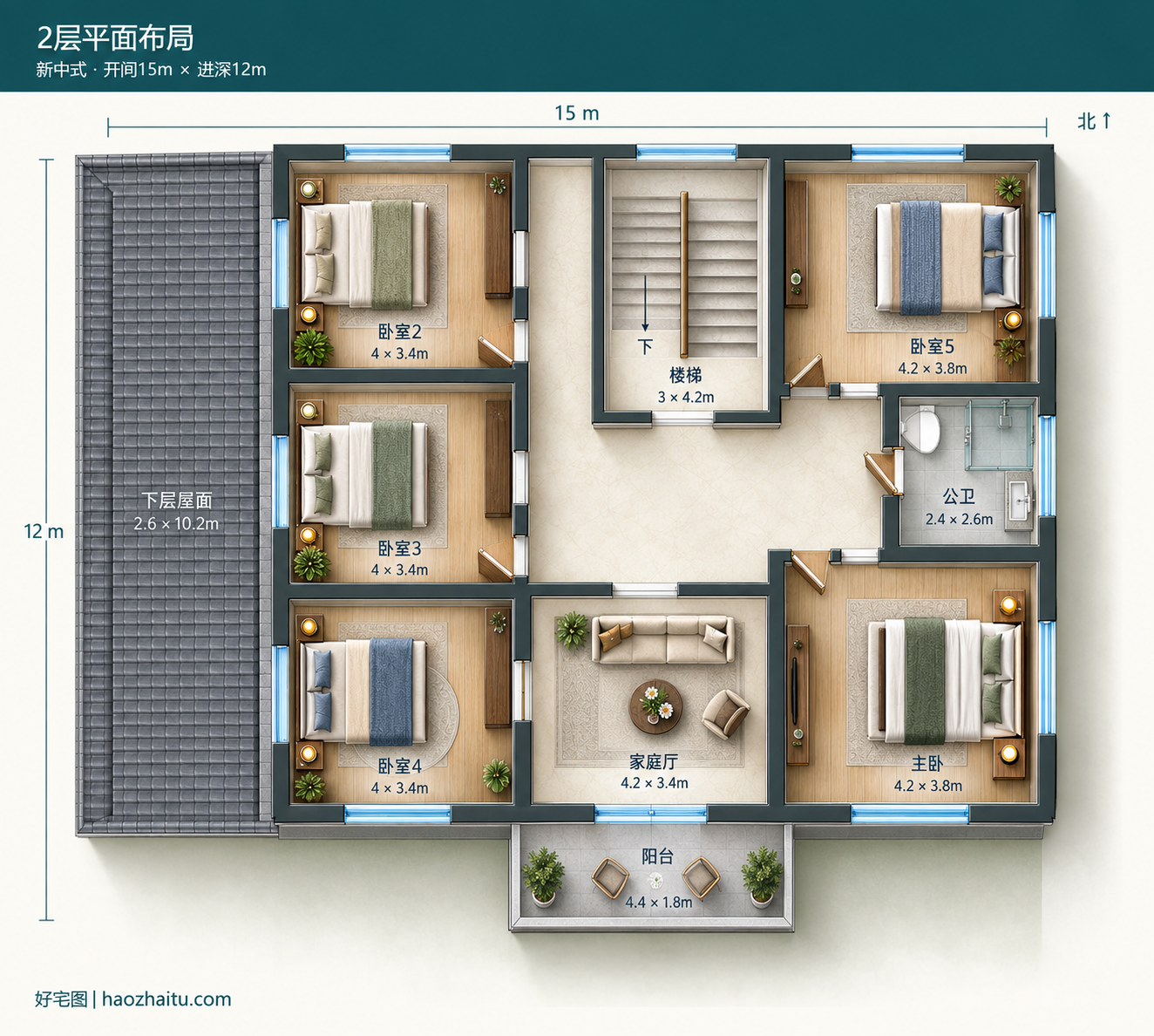2层平面布局|15米开间二层新中式自建房,七卧两卫带单层后勤附房
