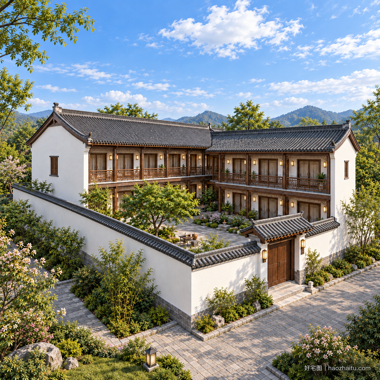 侧面外观|16.6米开间二层中式院落,十卧四卫带双层回廊的住宿方案