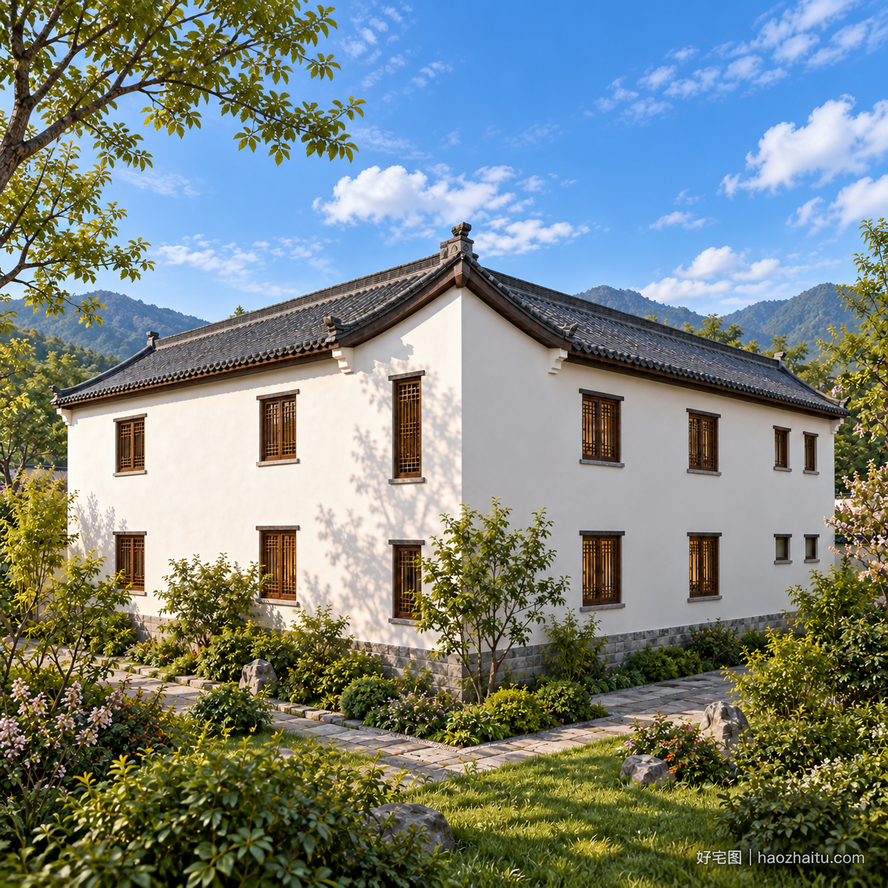 背面外观|16.6米开间二层中式院落,十卧四卫带双层回廊的住宿方案