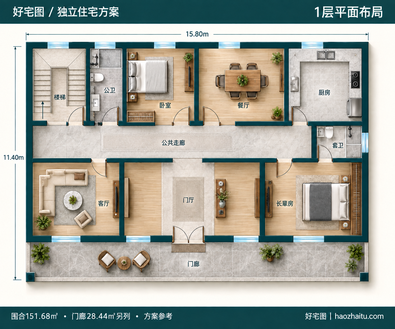 1层平面布局|15.8米开间二层新中式自建房,六卧四卫带中央大露台和双阳台