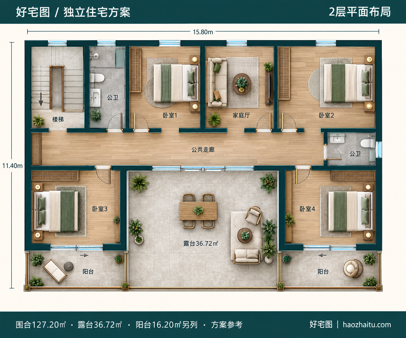 2层平面布局|15.8米开间二层新中式自建房,六卧四卫带中央大露台和双阳台
