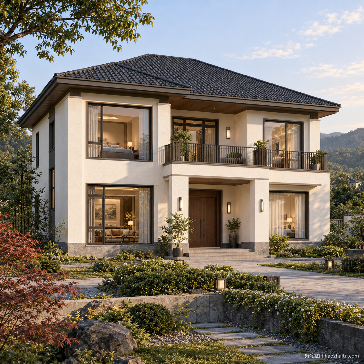 11.8米开间二层新中式自建房,五卧四卫带书房与阳台-好宅图纸网