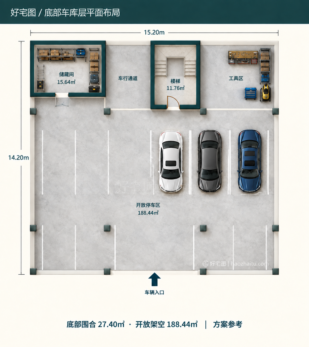底部车库层平面布局|15.2米开间二层新中式自建房,五卧四卫带底部车库和露台