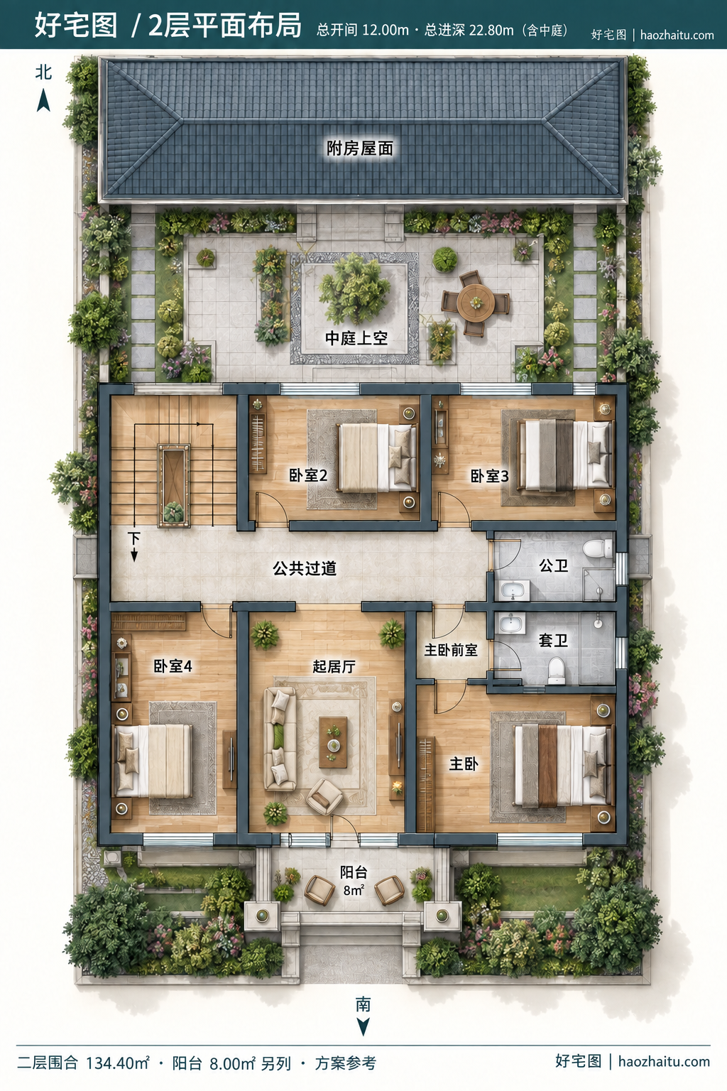 2层平面布局|12米开间二层欧式院落住宅,六卧四卫带独立餐厨附房
