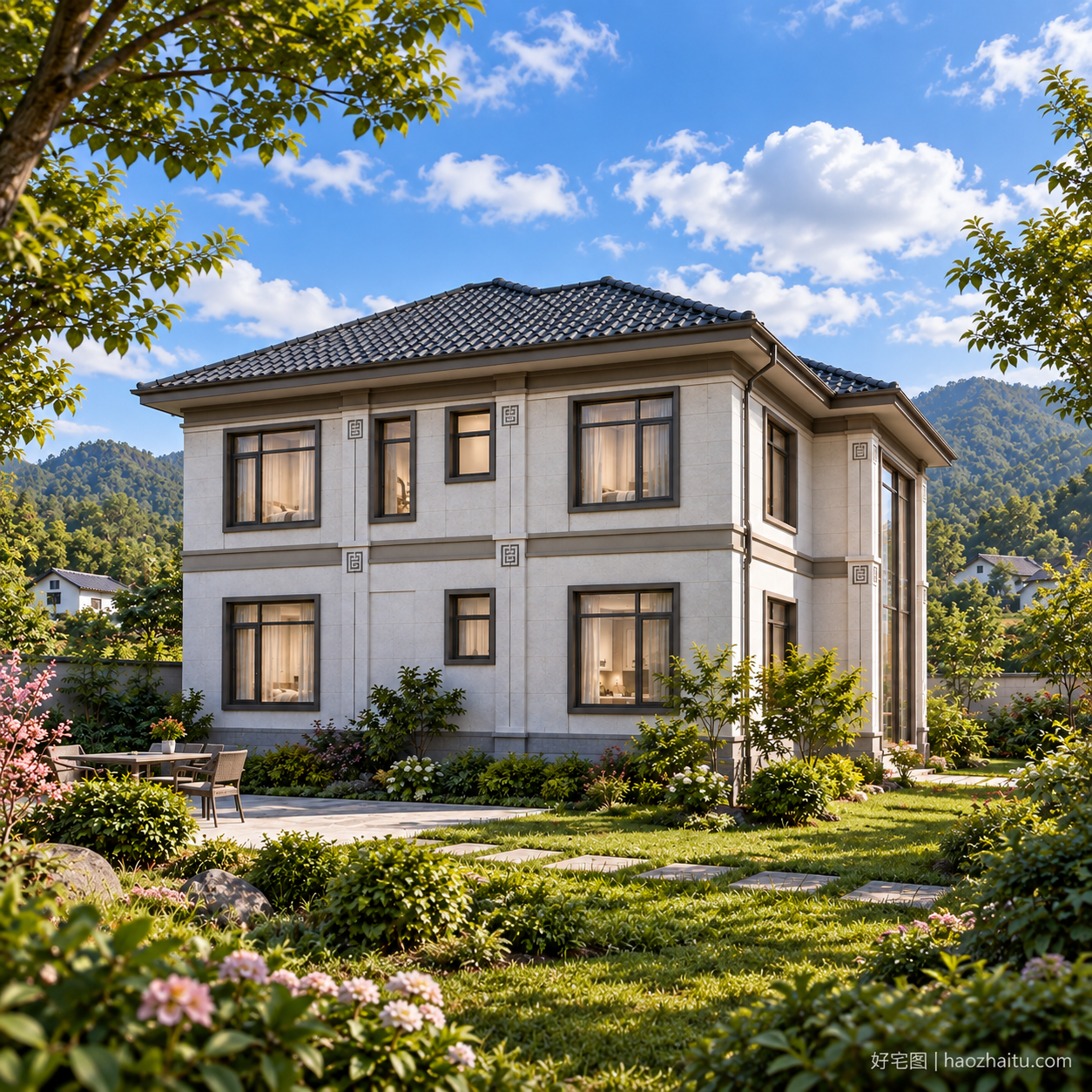 背面外观|12米开间二层新中式自建房,六卧三卫带挑高客厅和独立洗衣房