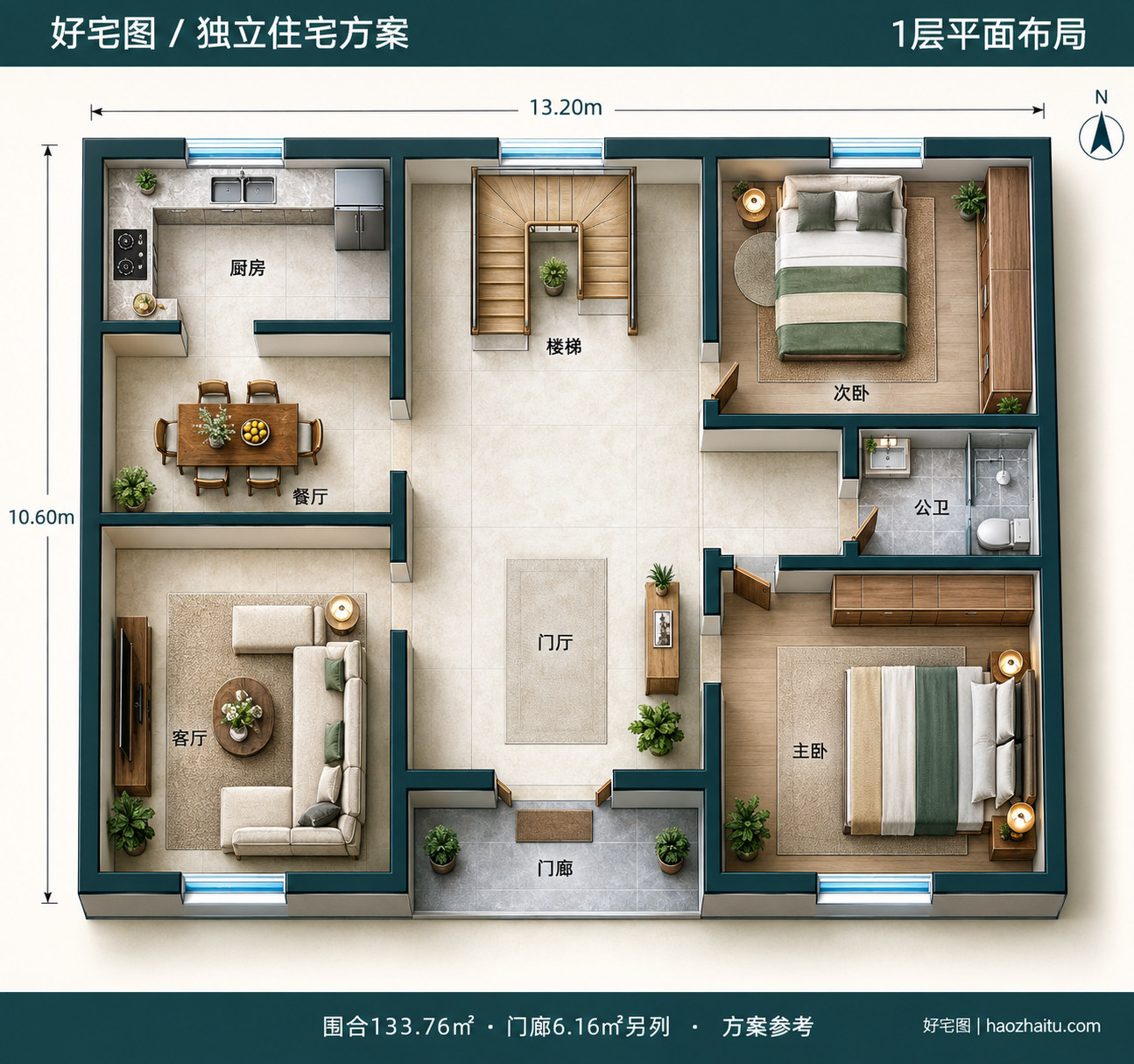 1层平面布局|13.2米开间二层新中式自建房,五卧双卫带南向大露台