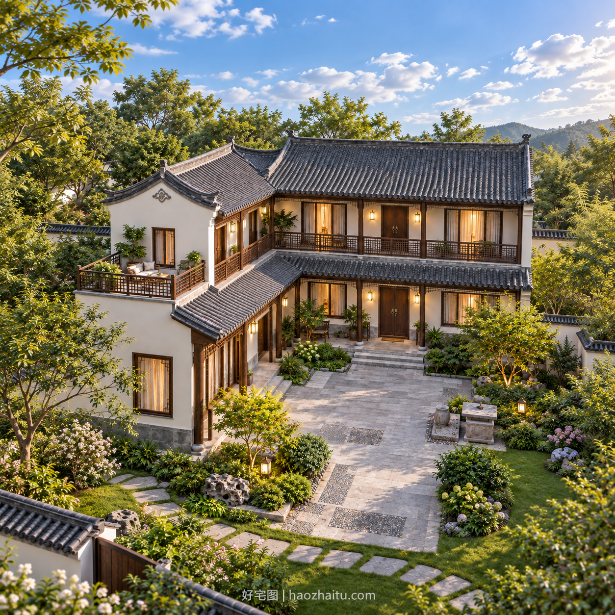 侧面外观|15米开间二层中式L形院落住宅,五卧五卫带连廊和露台