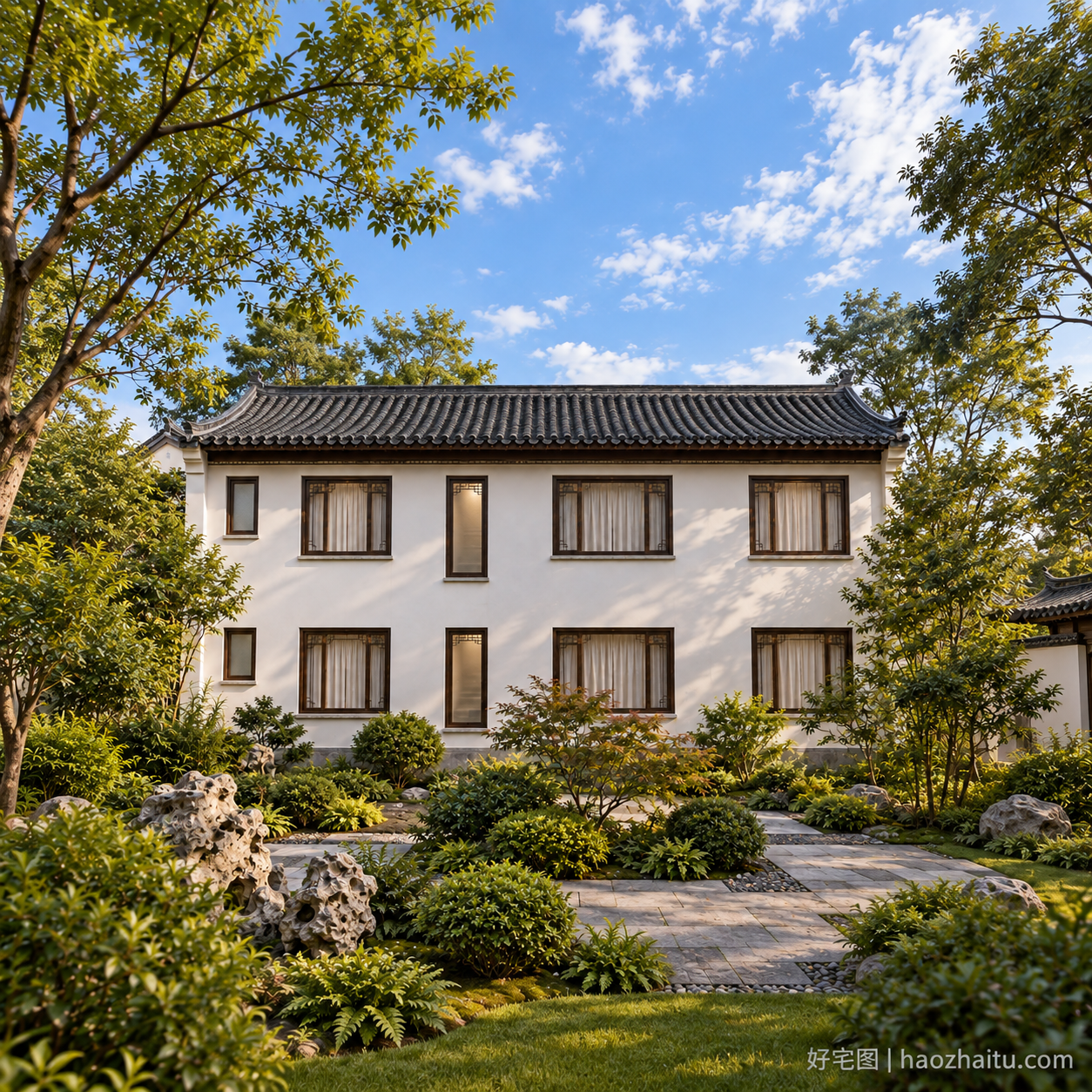 背面外观|15米开间二层中式L形院落住宅,五卧五卫带连廊和露台